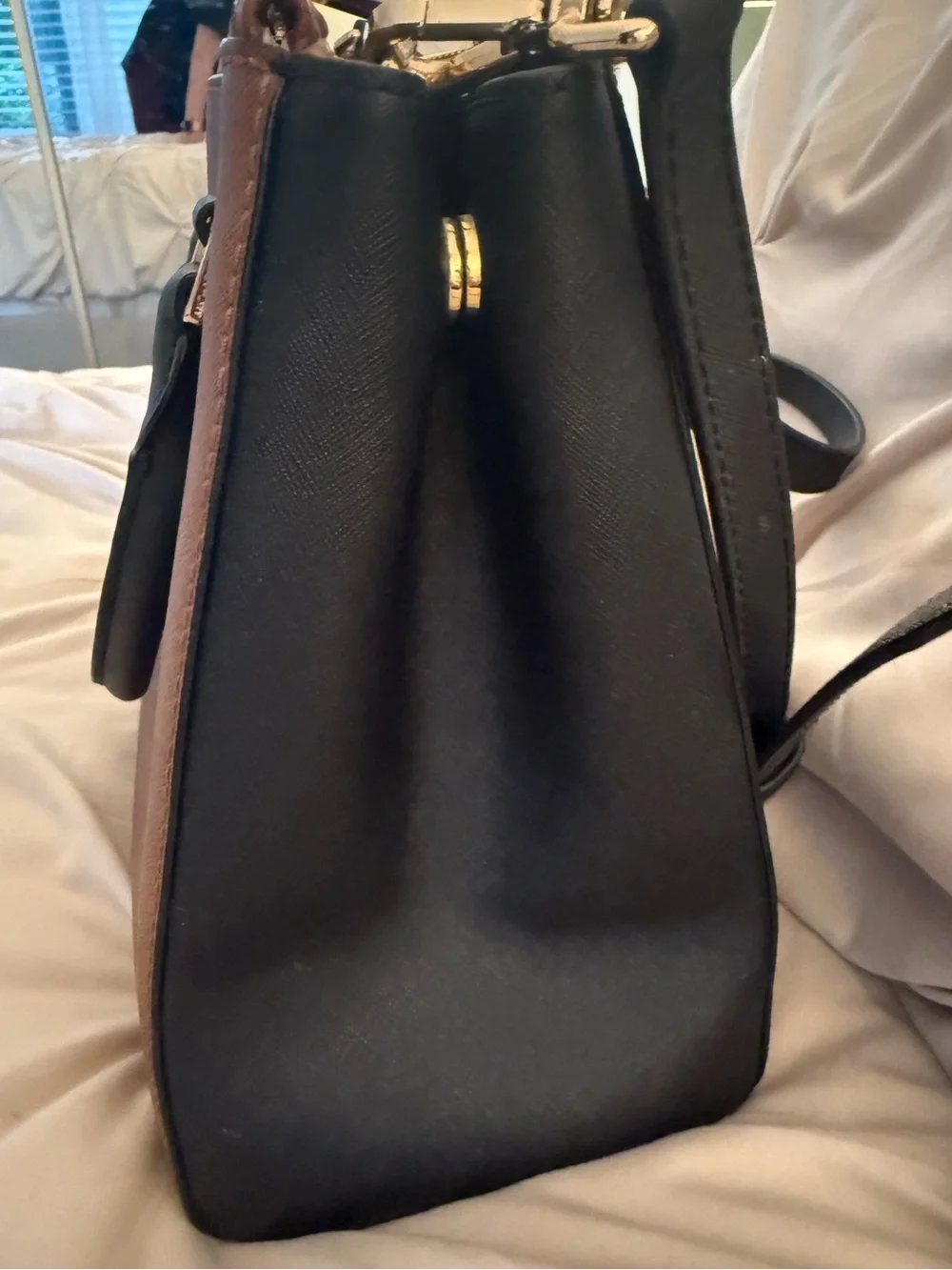 MICHAEL KORS Brown and Black Saffiano Leather Satchel with Gold Hardware